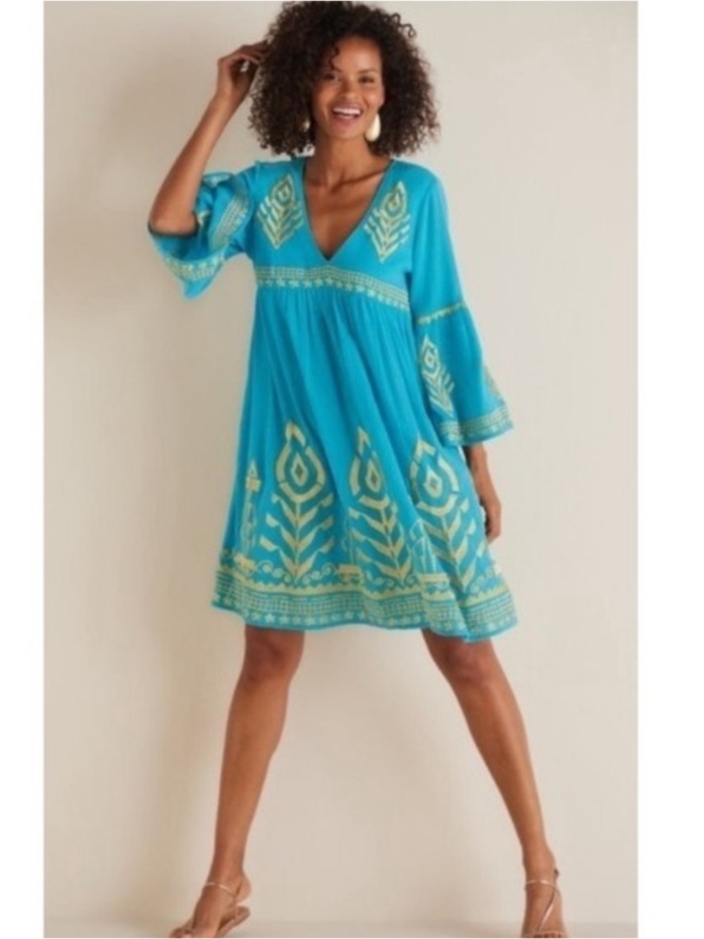 NEW Soft Surroundings Zaneta turquoise and metallic gold embroidered dress - Picture 5 of 8